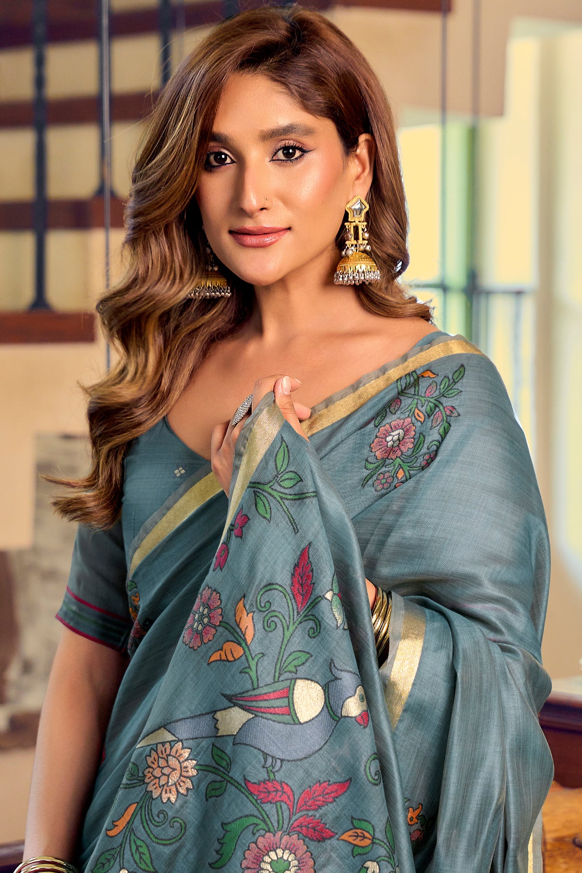 Blue Grey Cotton Saree with Kalamkari Motifs-SAR12948_2_SareeButa.com