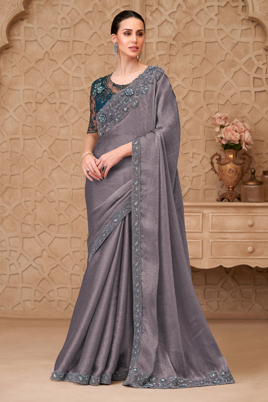 Blue Grey Embroidered Crush Satin Georgette Saree-SAR12460_1_SareeButa.com