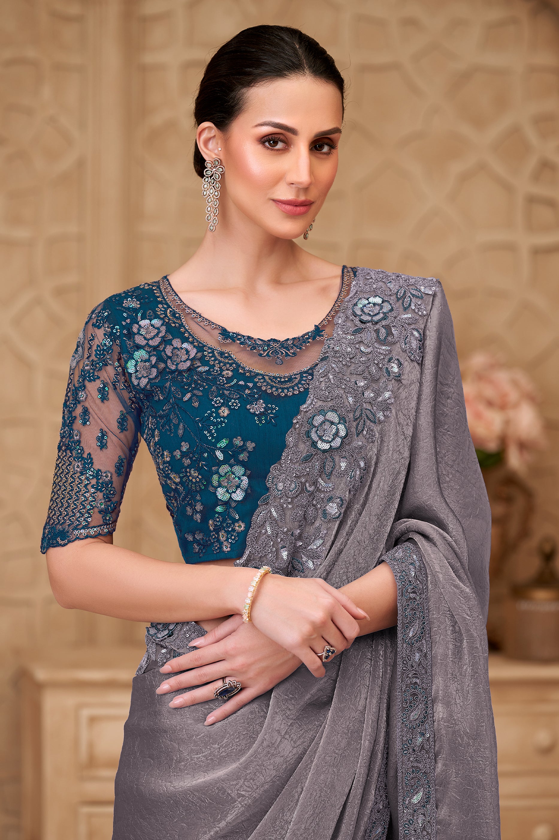 Blue Grey Embroidered Crush Satin Georgette Saree-SAR12460_2_SareeButa.com