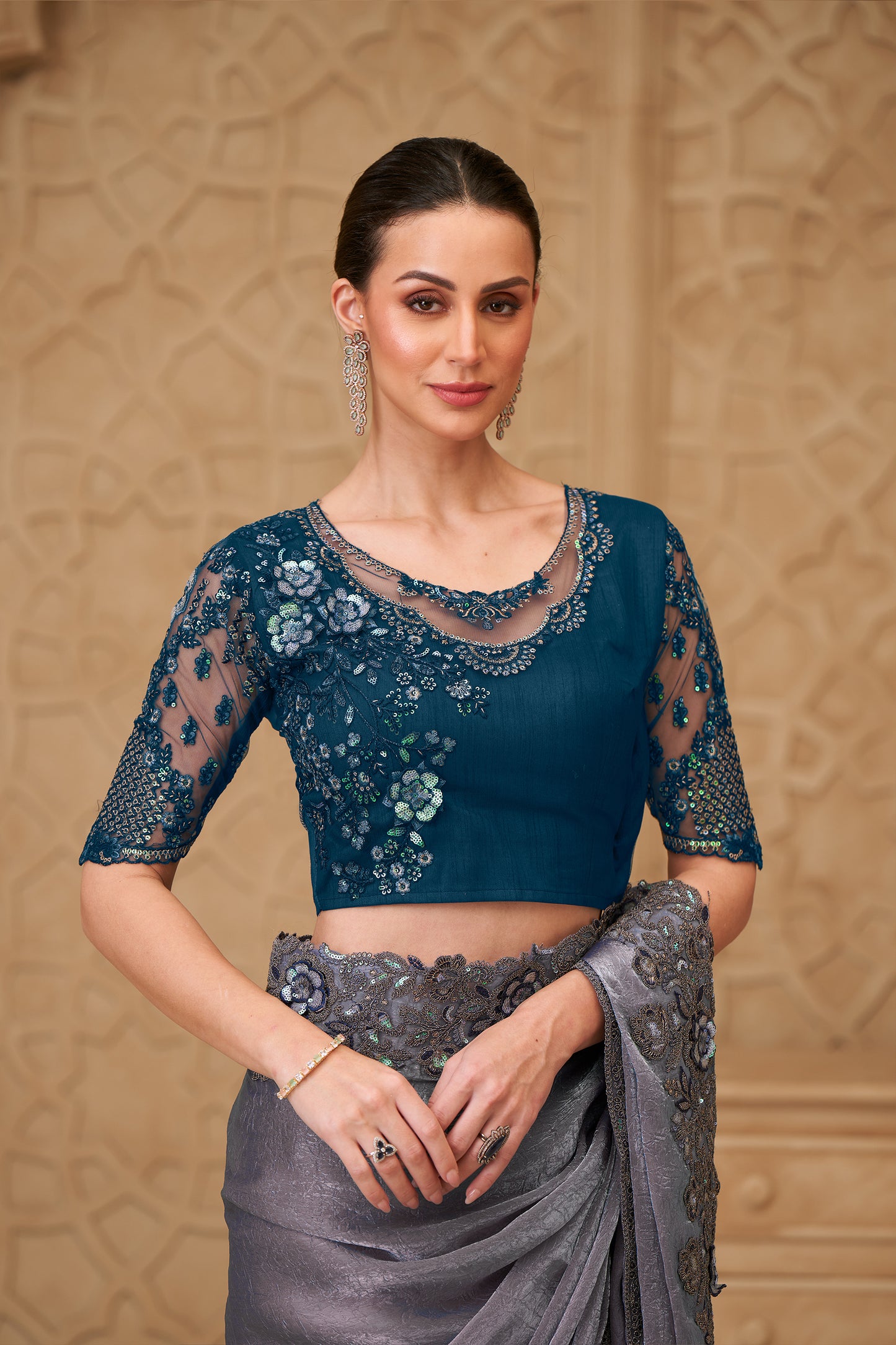 Blue Grey Embroidered Crush Satin Georgette Saree-SAR12460_3_SareeButa.com