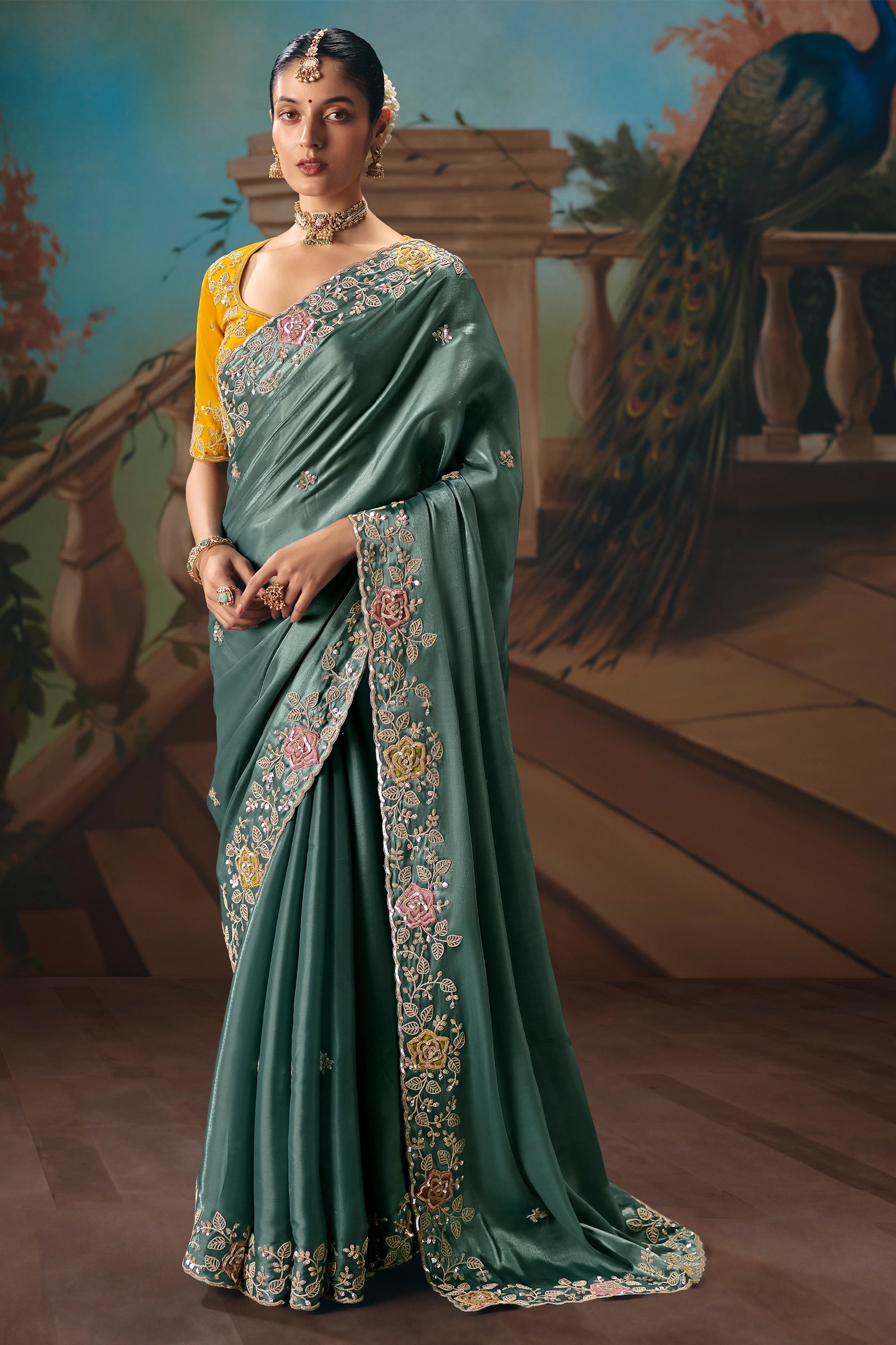Blue Grey Embroidered Organza Saree-SAR12033_1_SareeButa.com