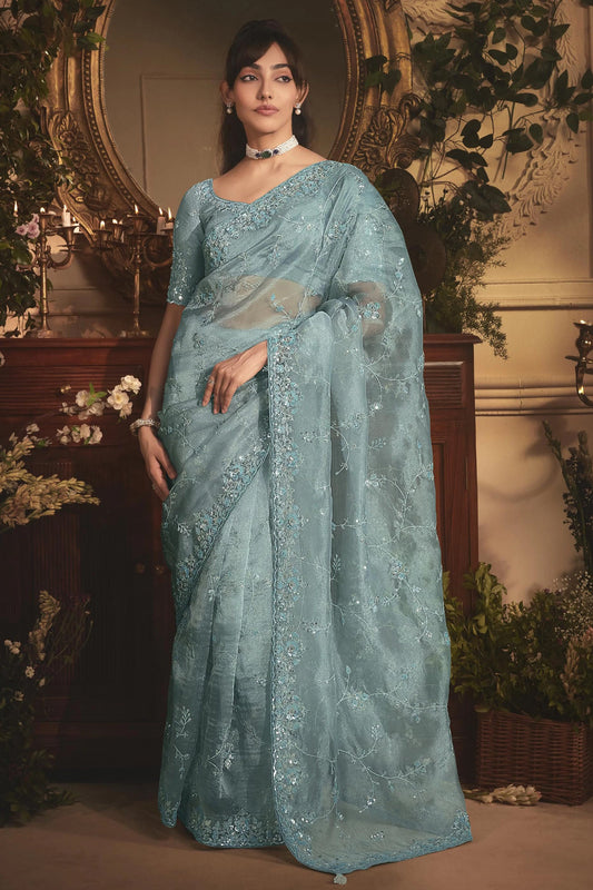 Blue Grey Embroidered Tissue Organza Saree-SAR10243_1_SareeButa.com