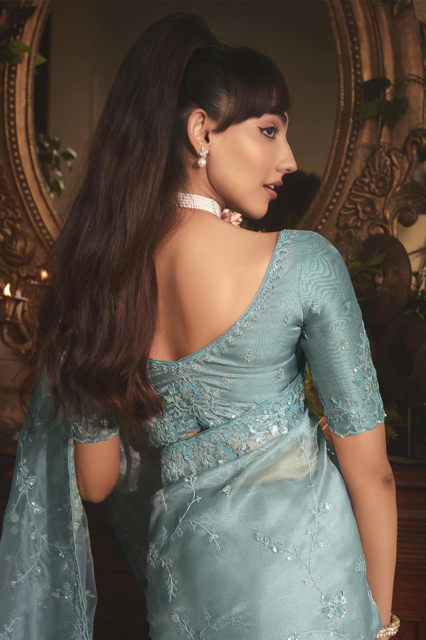 Blue Grey Embroidered Tissue Organza Saree-SAR10243_3_SareeButa.com