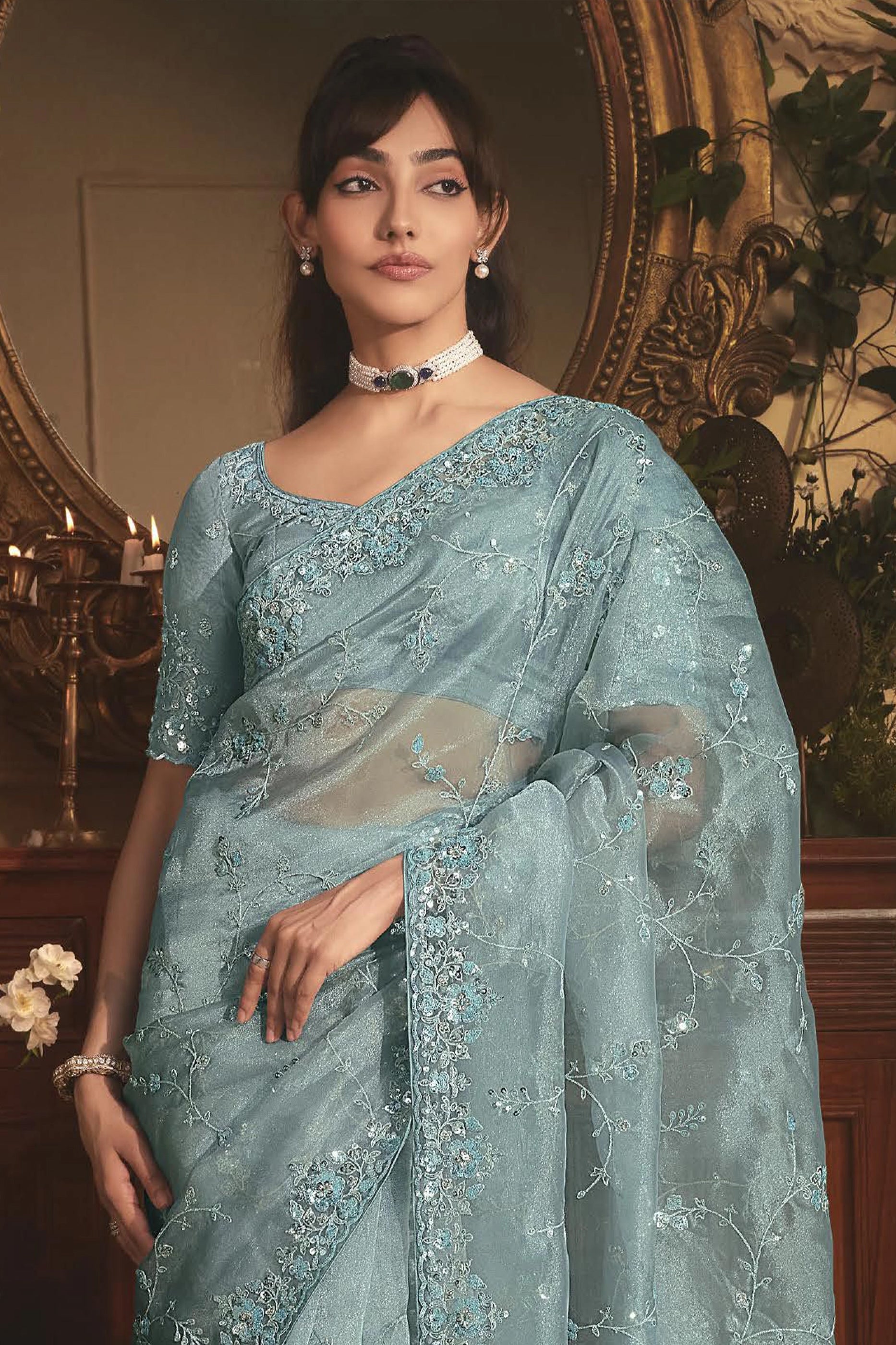 Blue Grey Embroidered Tissue Organza Saree-SAR10243_4_SareeButa.com