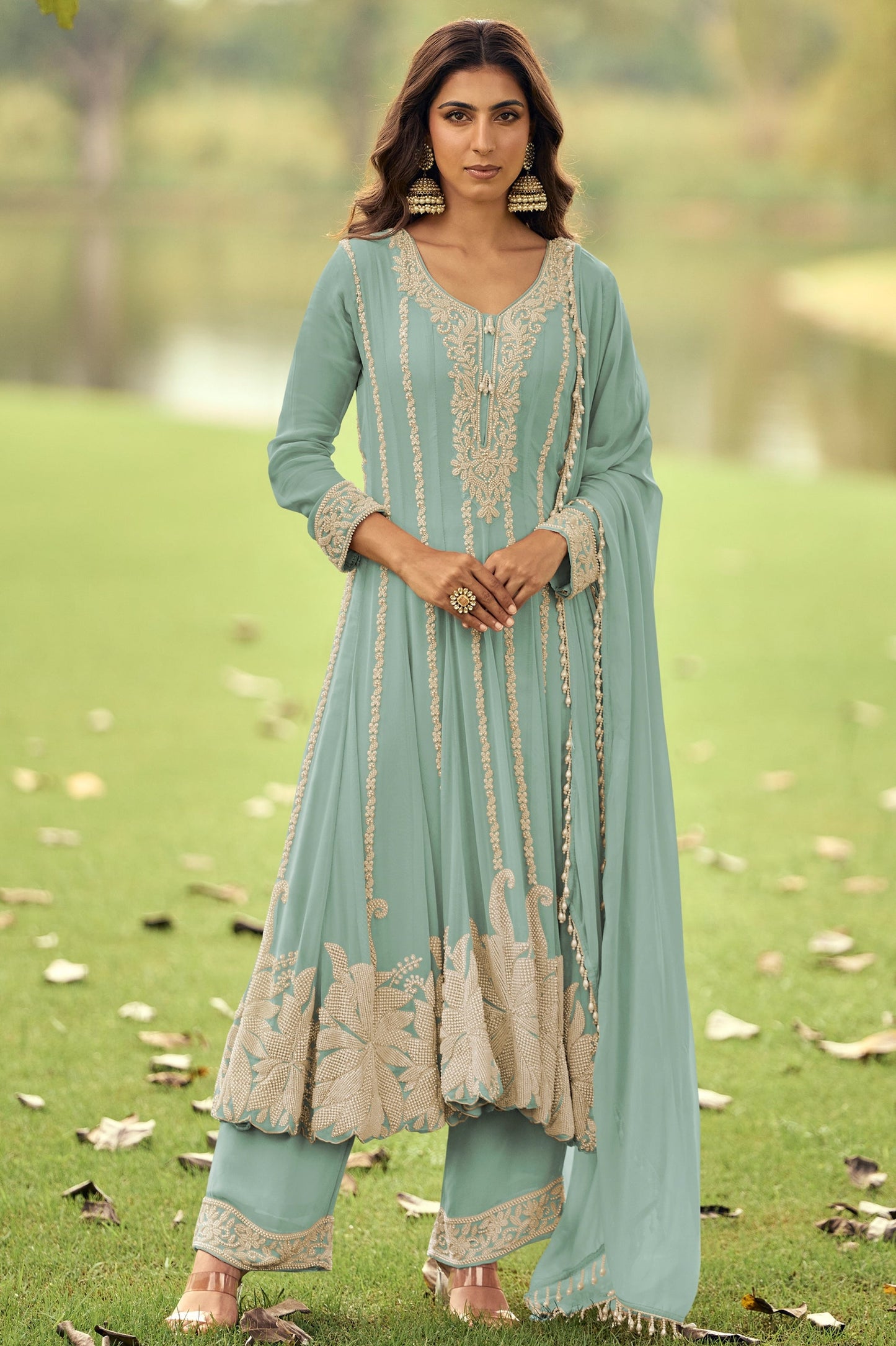 Blue Grey Readymade Bead Work Georgette Anarkali Suit-SAR11091_1_SareeButa.com