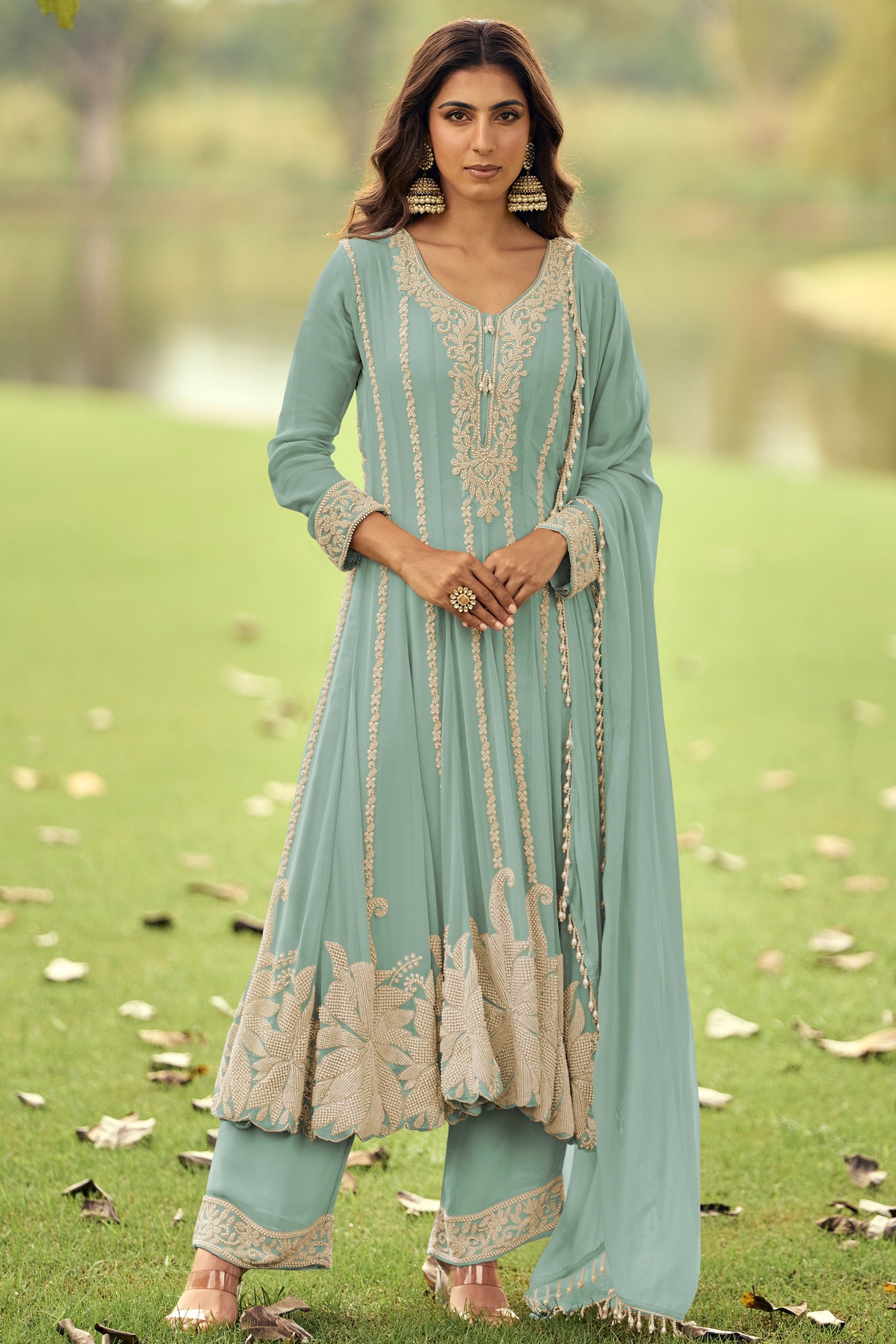 Blue Grey Readymade Bead Work Georgette Anarkali Suit-SAR11091_1_SareeButa.com
