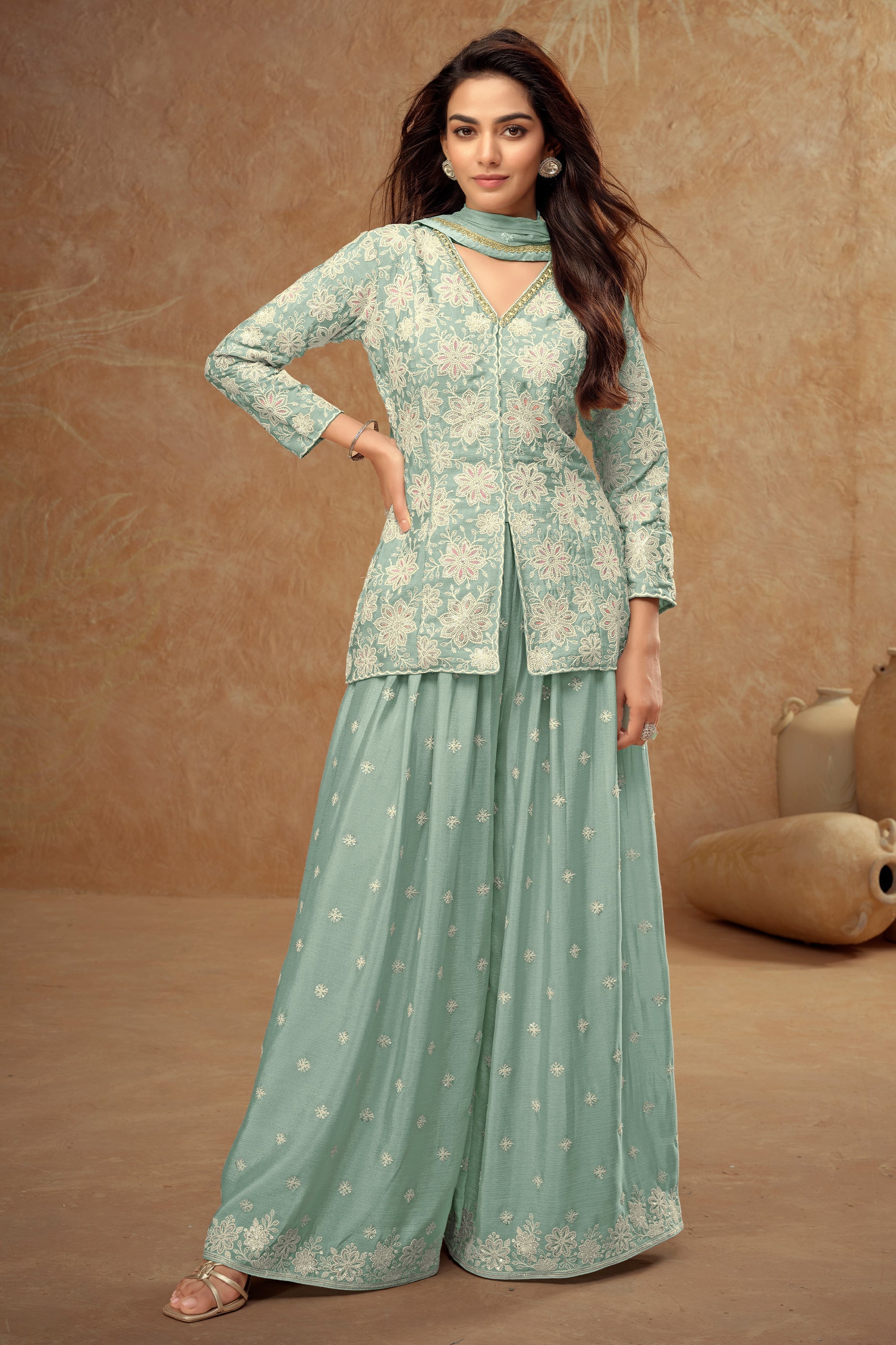 Blue Grey Readymade Embroidered Chinon Palazzo Suit-SAR10802_1_SareeButa.com
