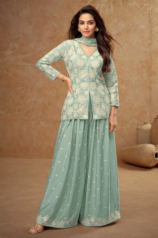 Blue Grey Readymade Embroidered Chinon Palazzo Suit-SAR10802_1_SareeButa.com