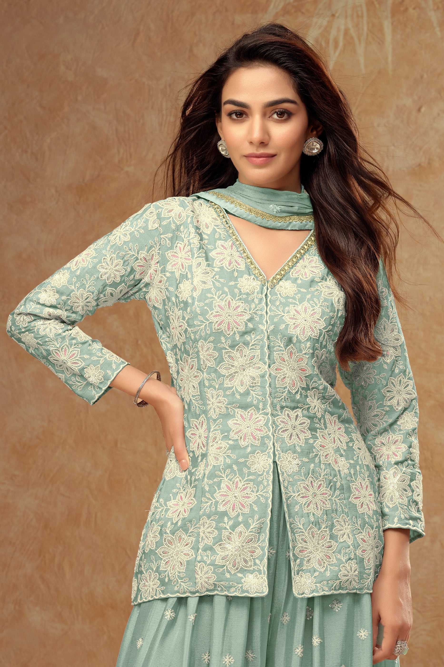 Blue Grey Readymade Embroidered Chinon Palazzo Suit-SAR10802_3_SareeButa.com