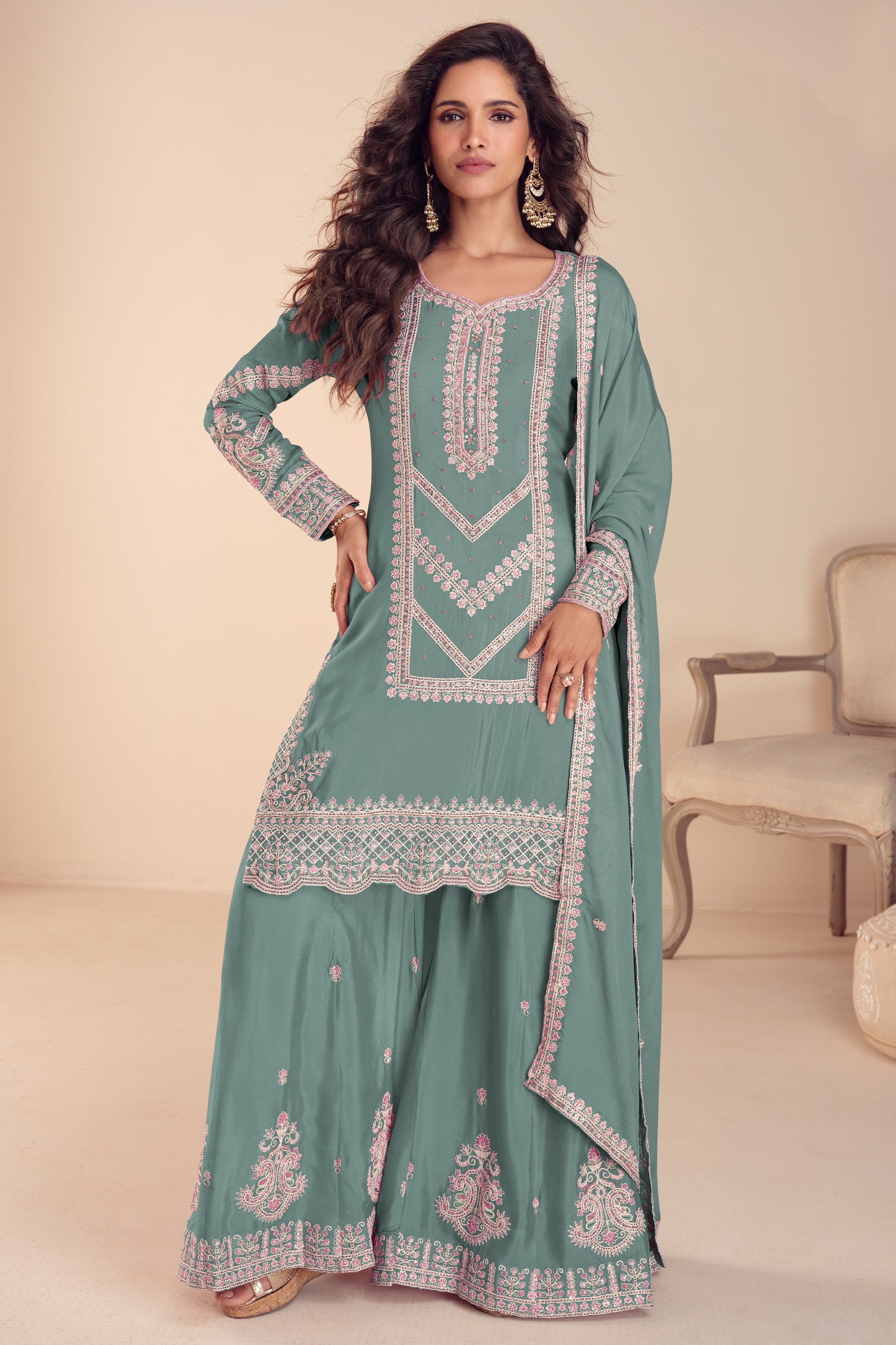 Blue Grey Readymade Embroidered Chinon Suit-SAR12203_1_SareeButa.com