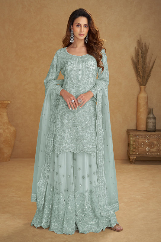 Blue Grey Readymade Embroidered Net Suit-SAR11493_1_SareeButa.com