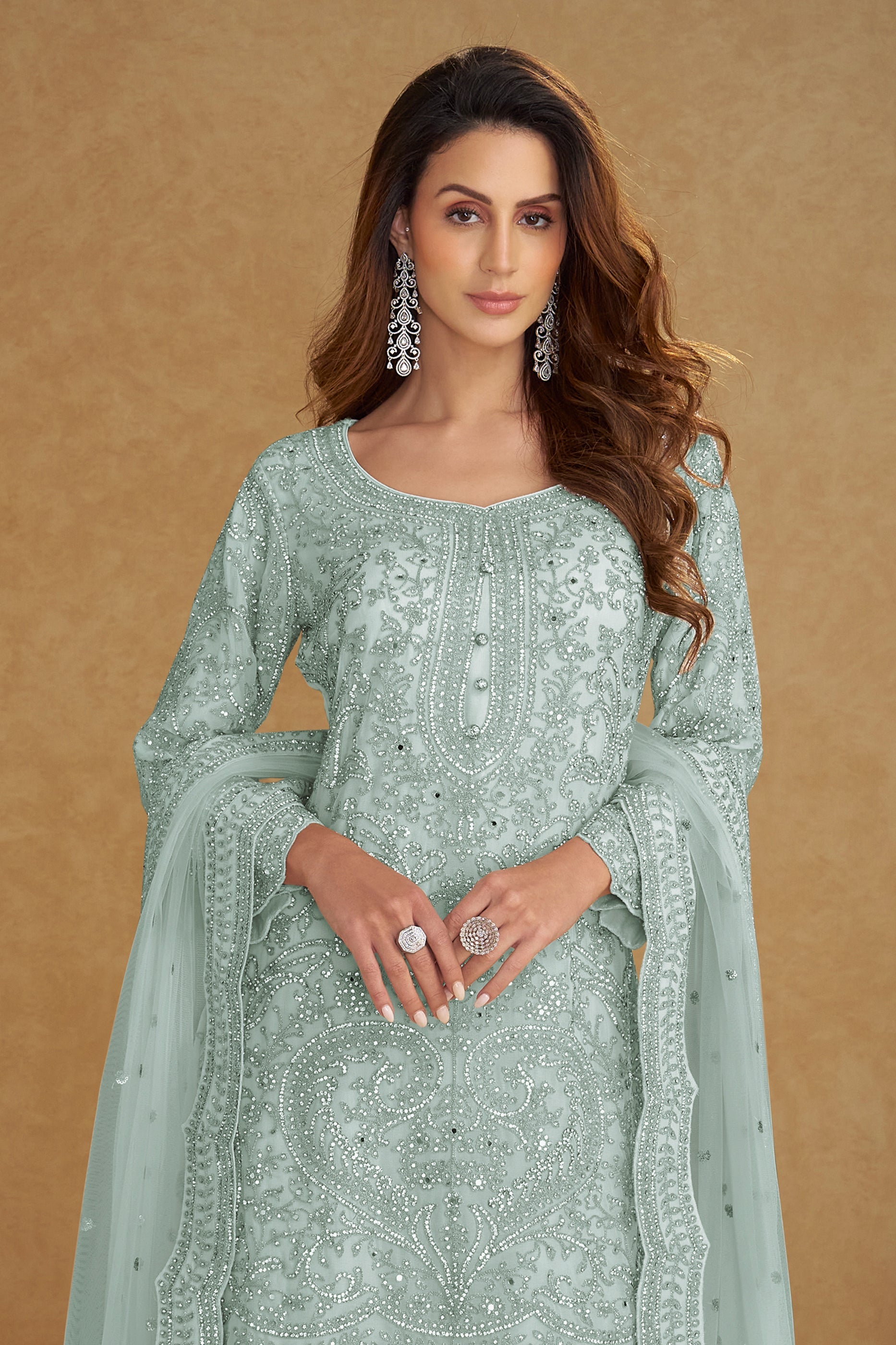 Blue Grey Readymade Embroidered Net Suit-SAR11493_3_SareeButa.com