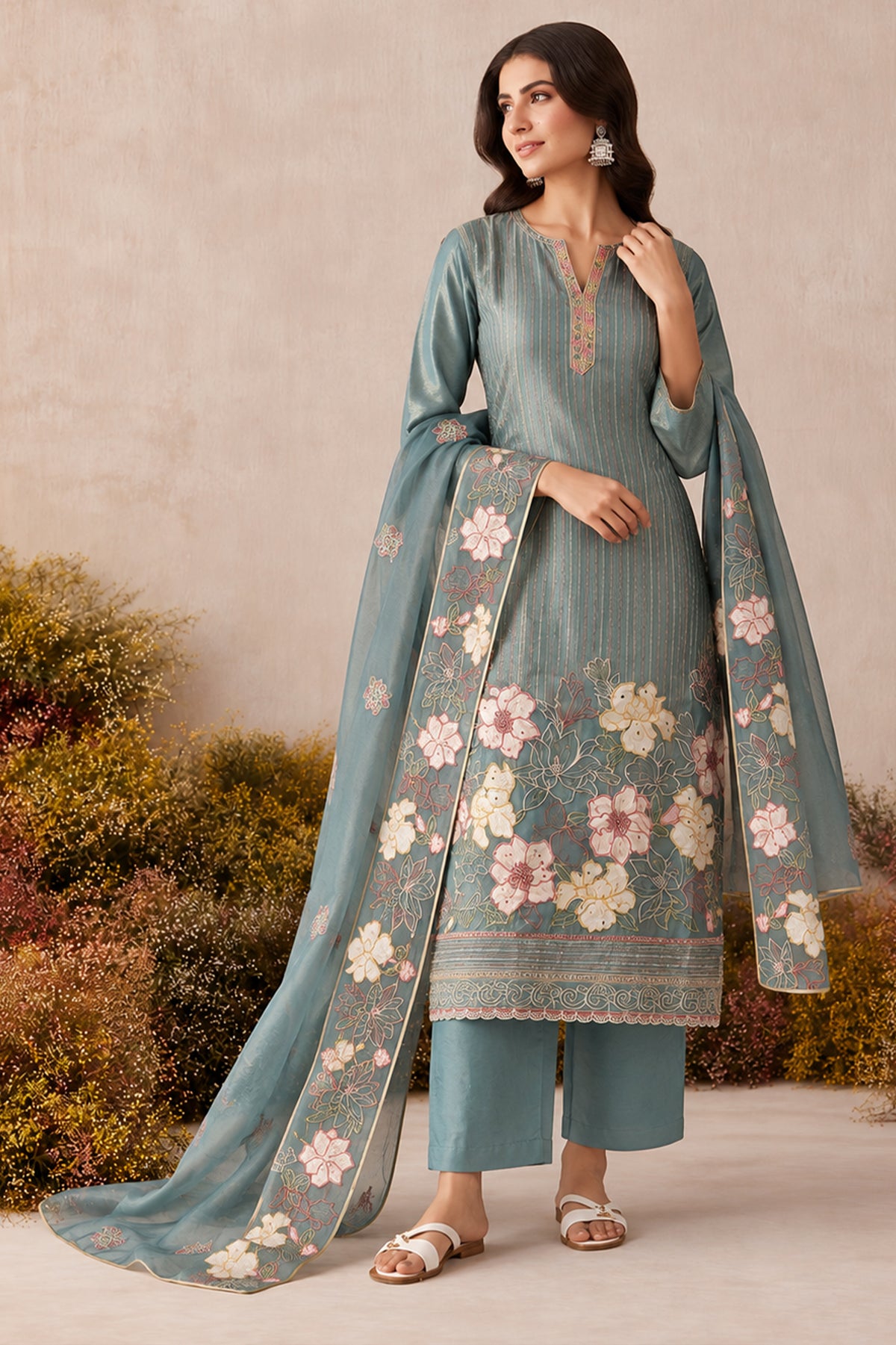 Blue Grey Readymade Embroidered Shimmer Silk Suit-SAR13337_1_SareeButa.com