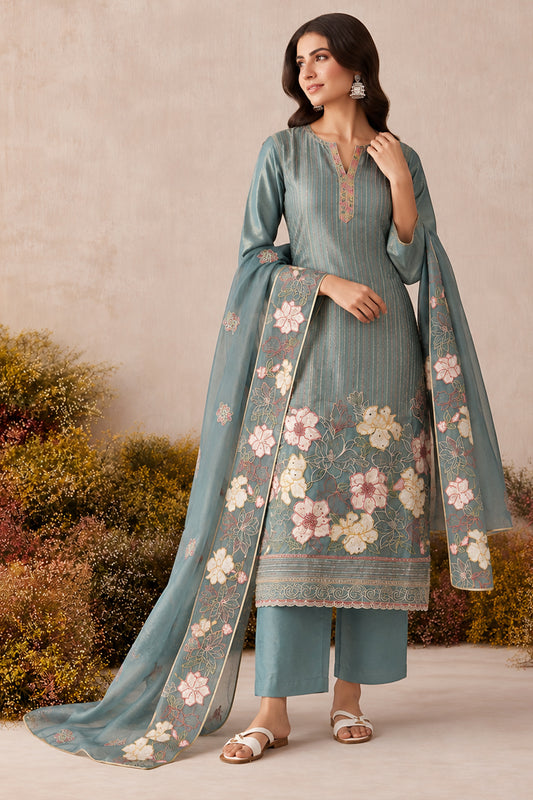 Blue Grey Readymade Embroidered Shimmer Silk Suit-SAR13337_1_SareeButa.com