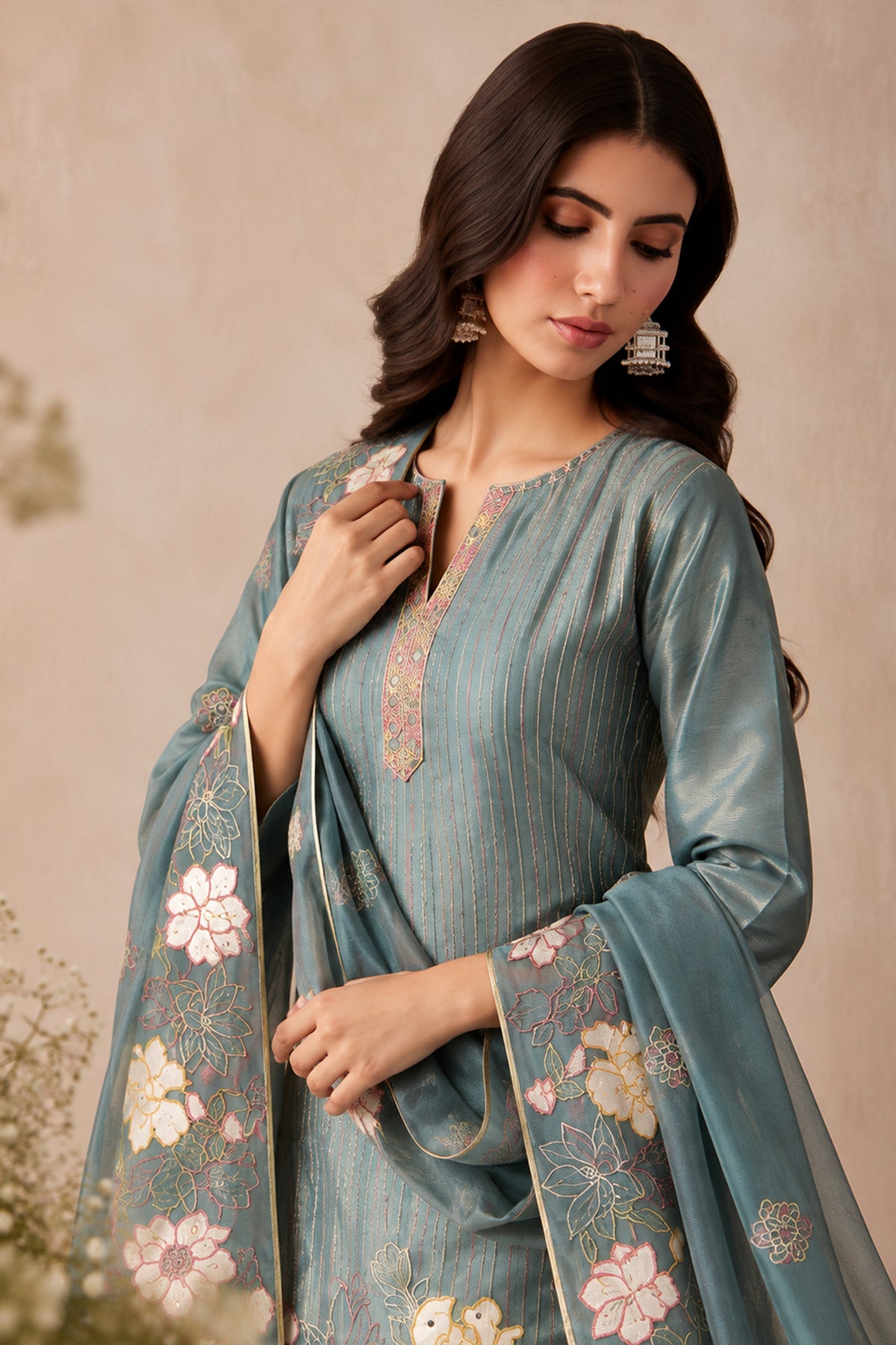 Blue Grey Readymade Embroidered Shimmer Silk Suit-SAR13337_3_SareeButa.com
