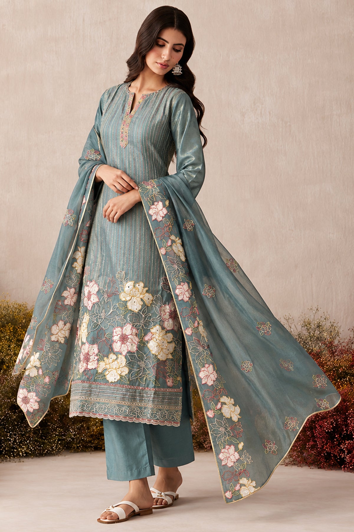 Blue Grey Readymade Embroidered Shimmer Silk Suit-SAR13337_4_SareeButa.com