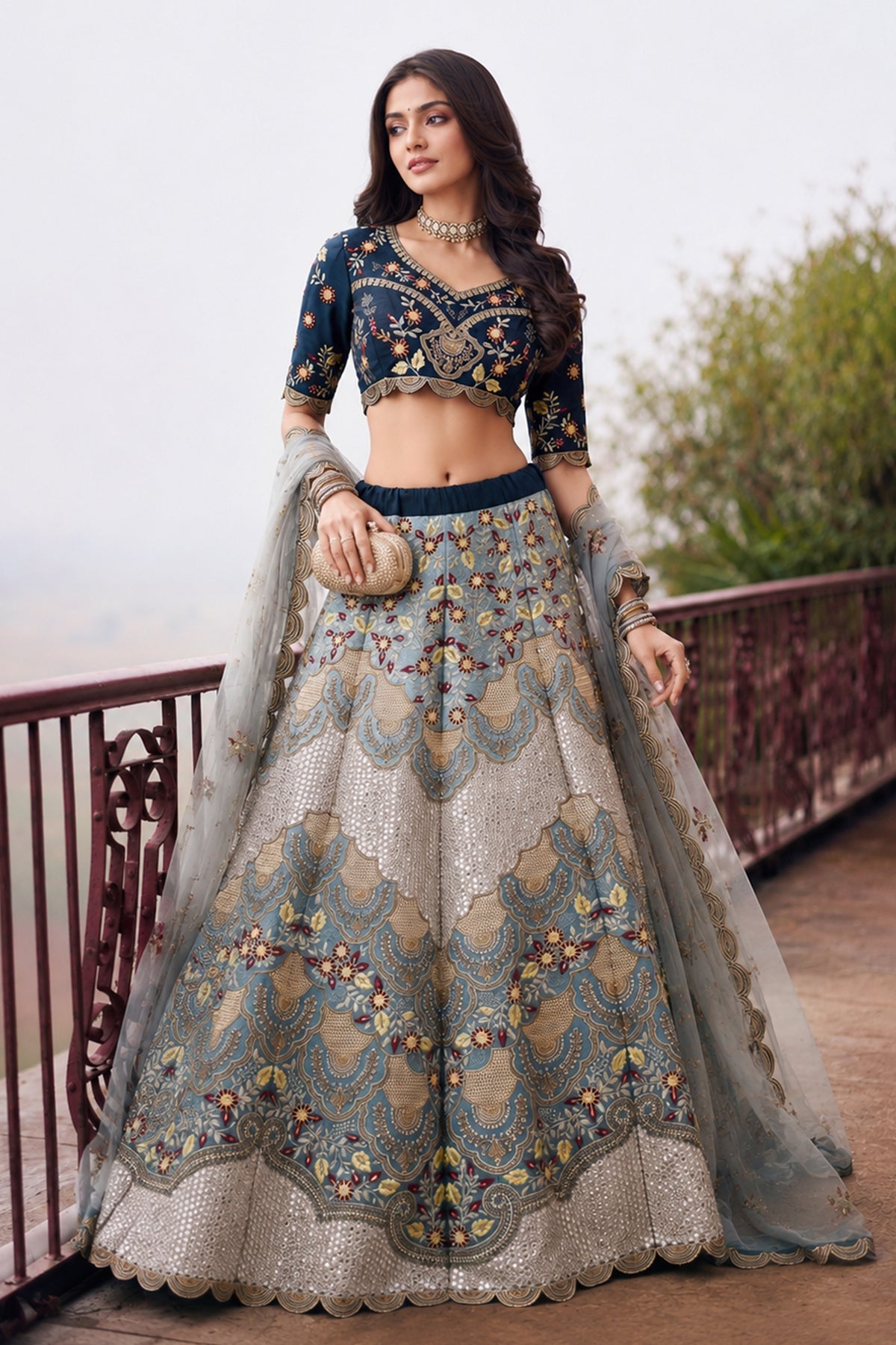 Blue Grey Semi Stitched Embroidered Net Lehenga-SAR13220_3_SareeButa.com
