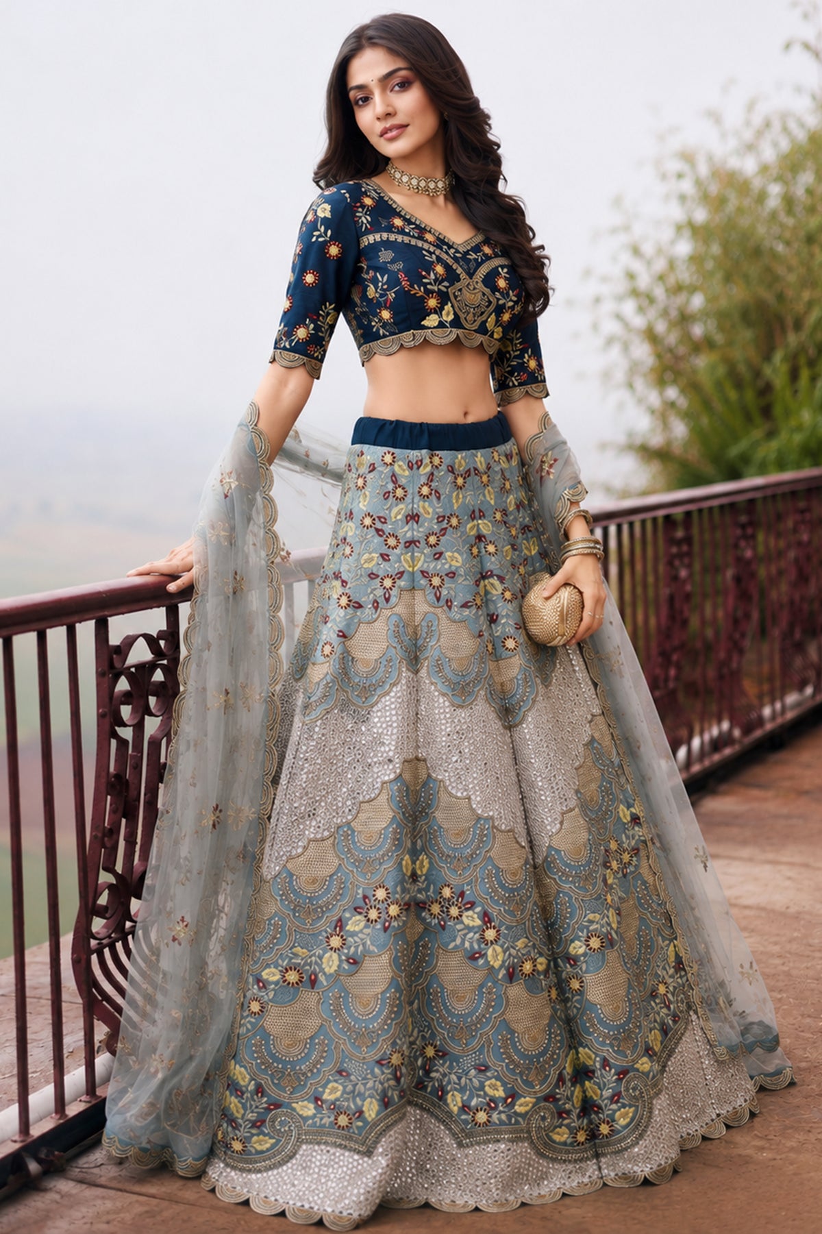 Blue Grey Semi Stitched Embroidered Net Lehenga-SAR13220_4_SareeButa.com
