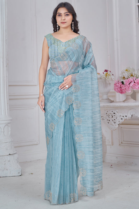 Blue Grey Stone Work Jacquard Saree-SAR10737_1_SareeButa.com