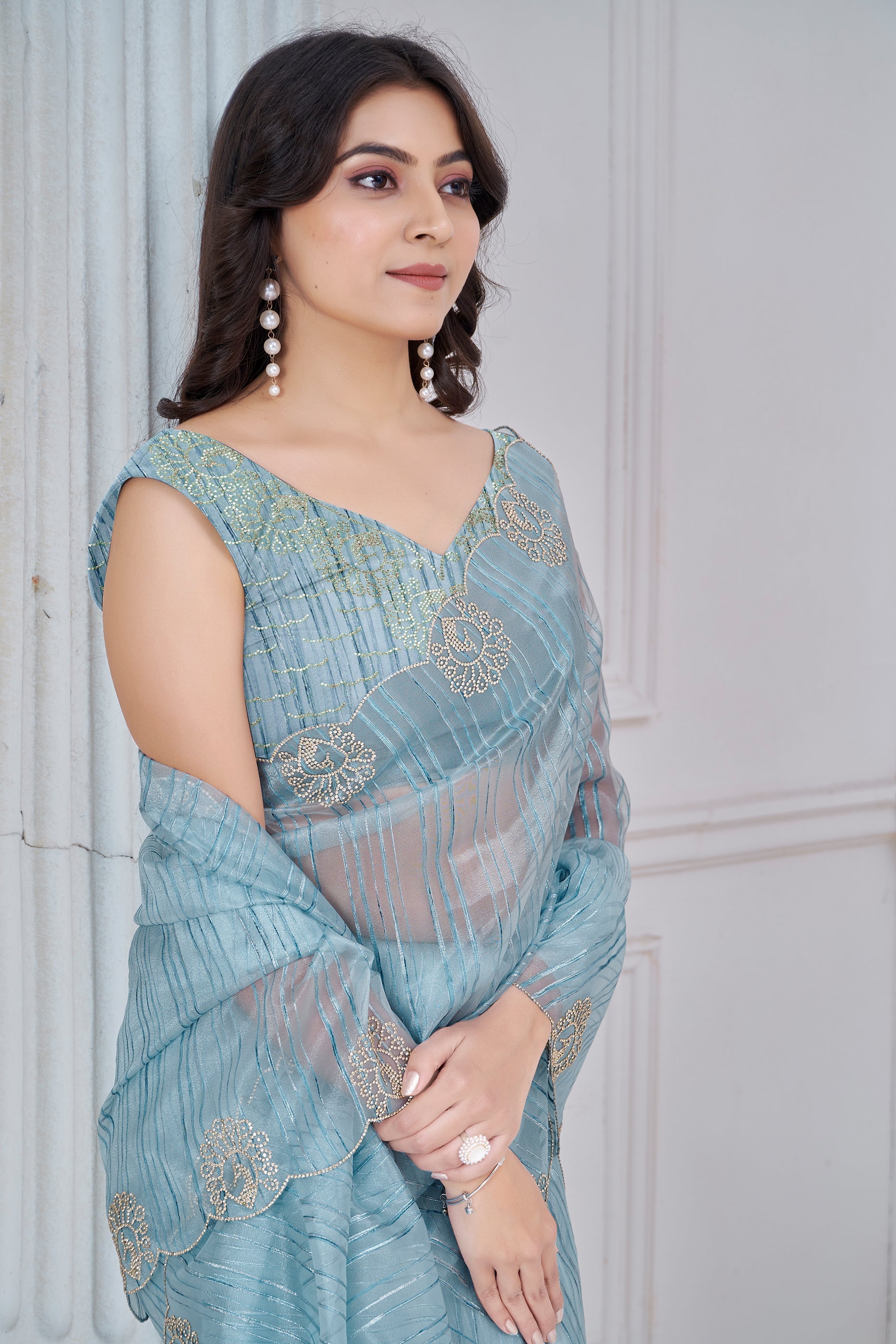 Blue Grey Stone Work Jacquard Saree-SAR10737_2_SareeButa.com