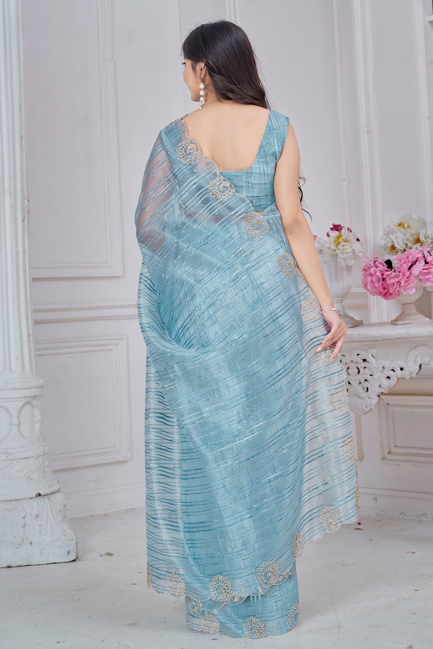 Blue Grey Stone Work Jacquard Saree-SAR10737_4_SareeButa.com