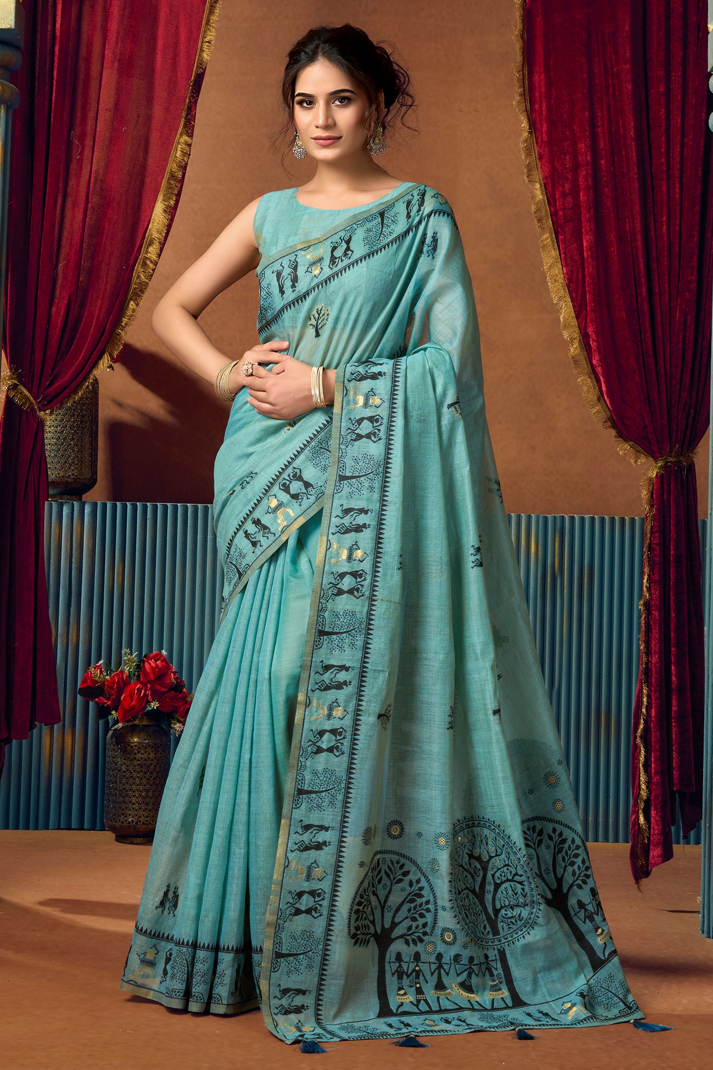 Blue Grey Warli Print Modal Cotton Saree-SAR12688_1_SareeButa.com
