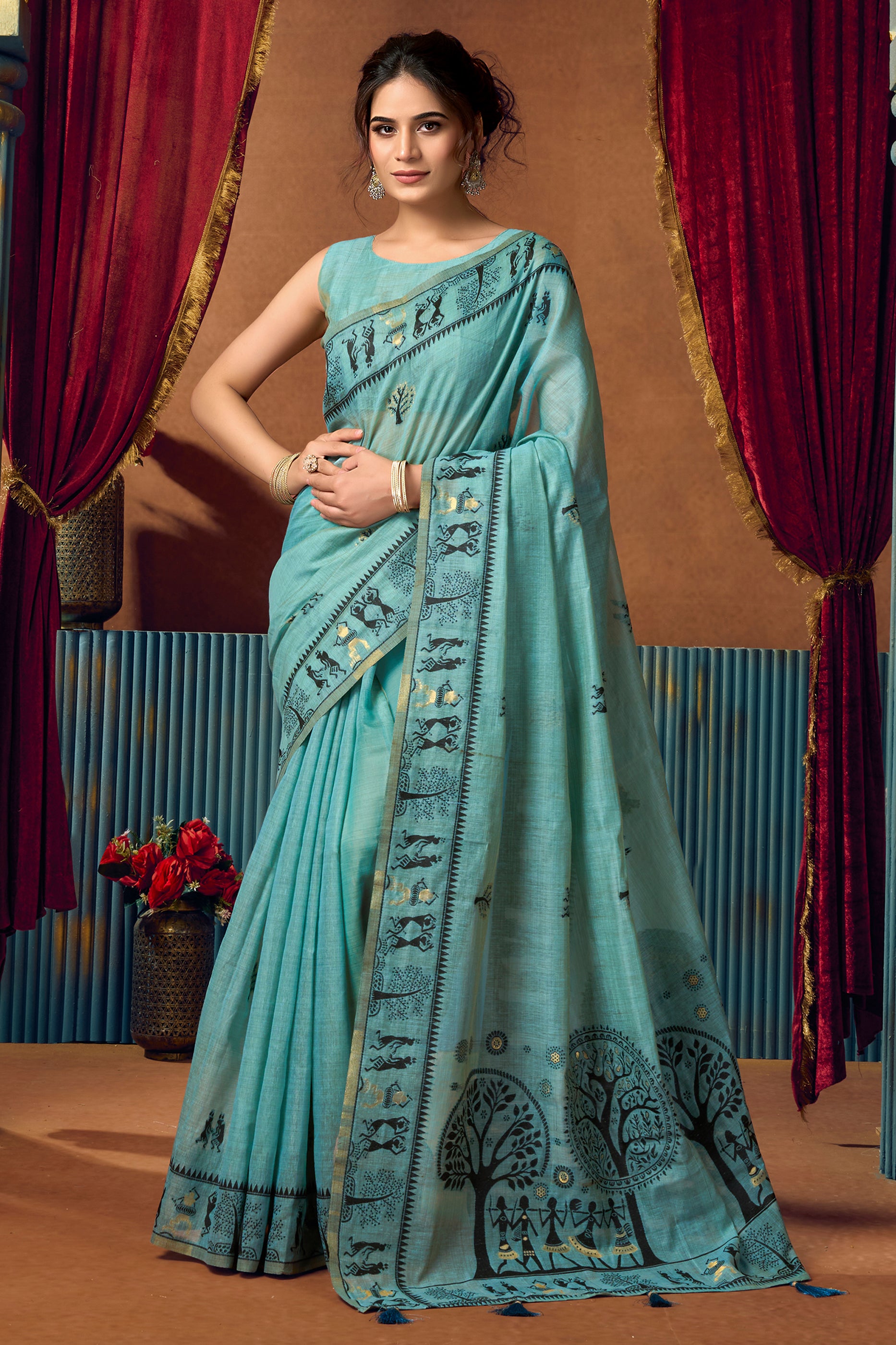 Blue Grey Warli Print Modal Cotton Saree-SAR12688_1_SareeButa.com