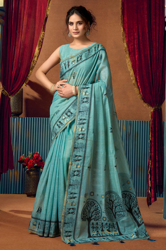 Blue Grey Warli Print Modal Cotton Saree-SAR12688_1_SareeButa.com
