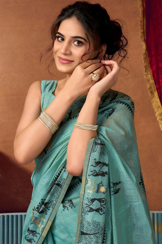 Blue Grey Warli Print Modal Cotton Saree-SAR12688_2_SareeButa.com