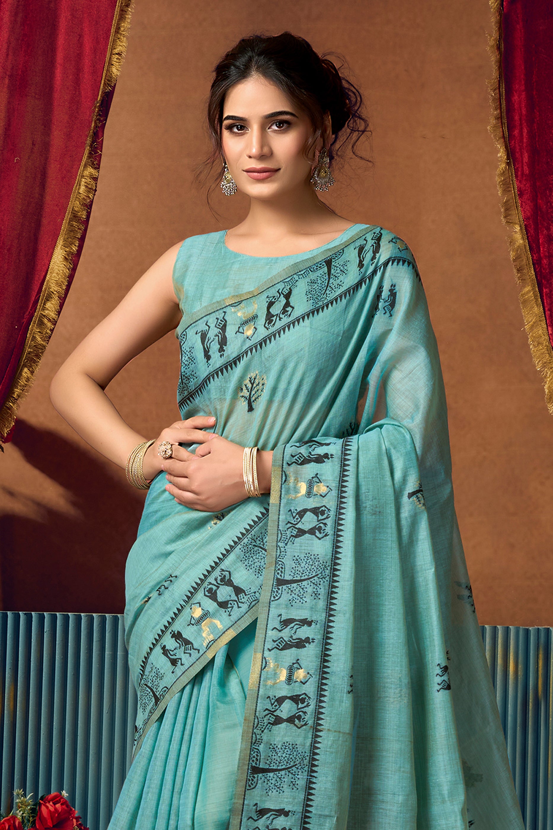 Blue Grey Warli Print Modal Cotton Saree-SAR12688_4_SareeButa.com