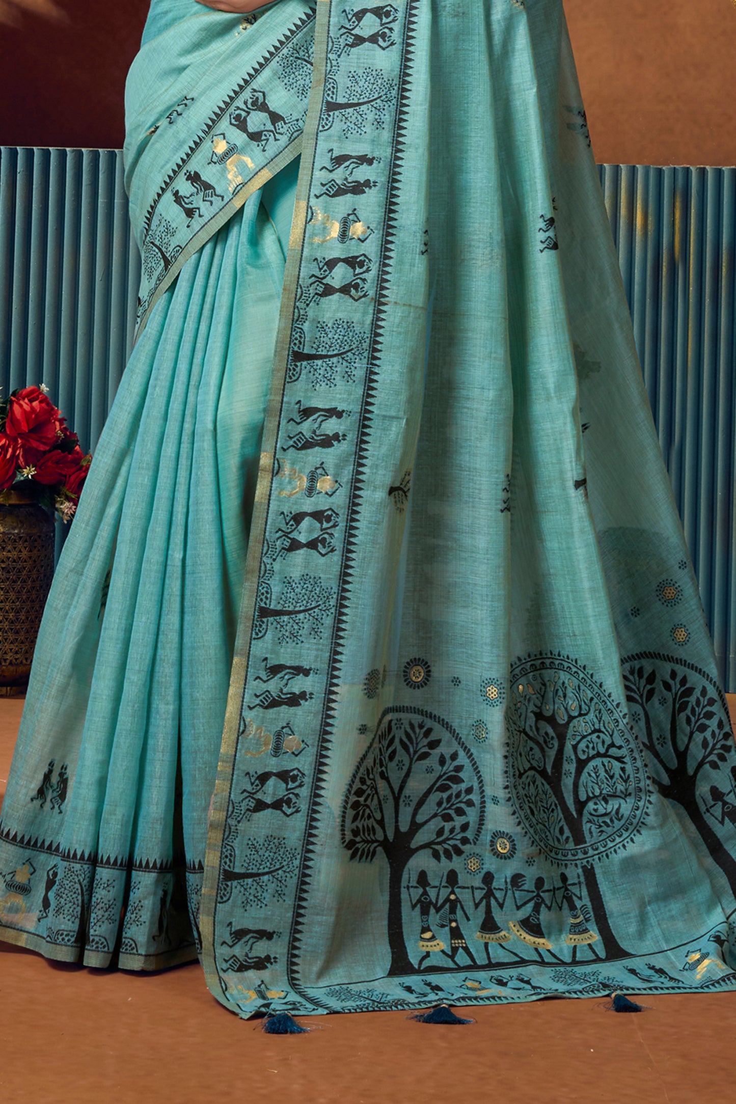 Blue Grey Warli Print Modal Cotton Saree-SAR12688_5_SareeButa.com