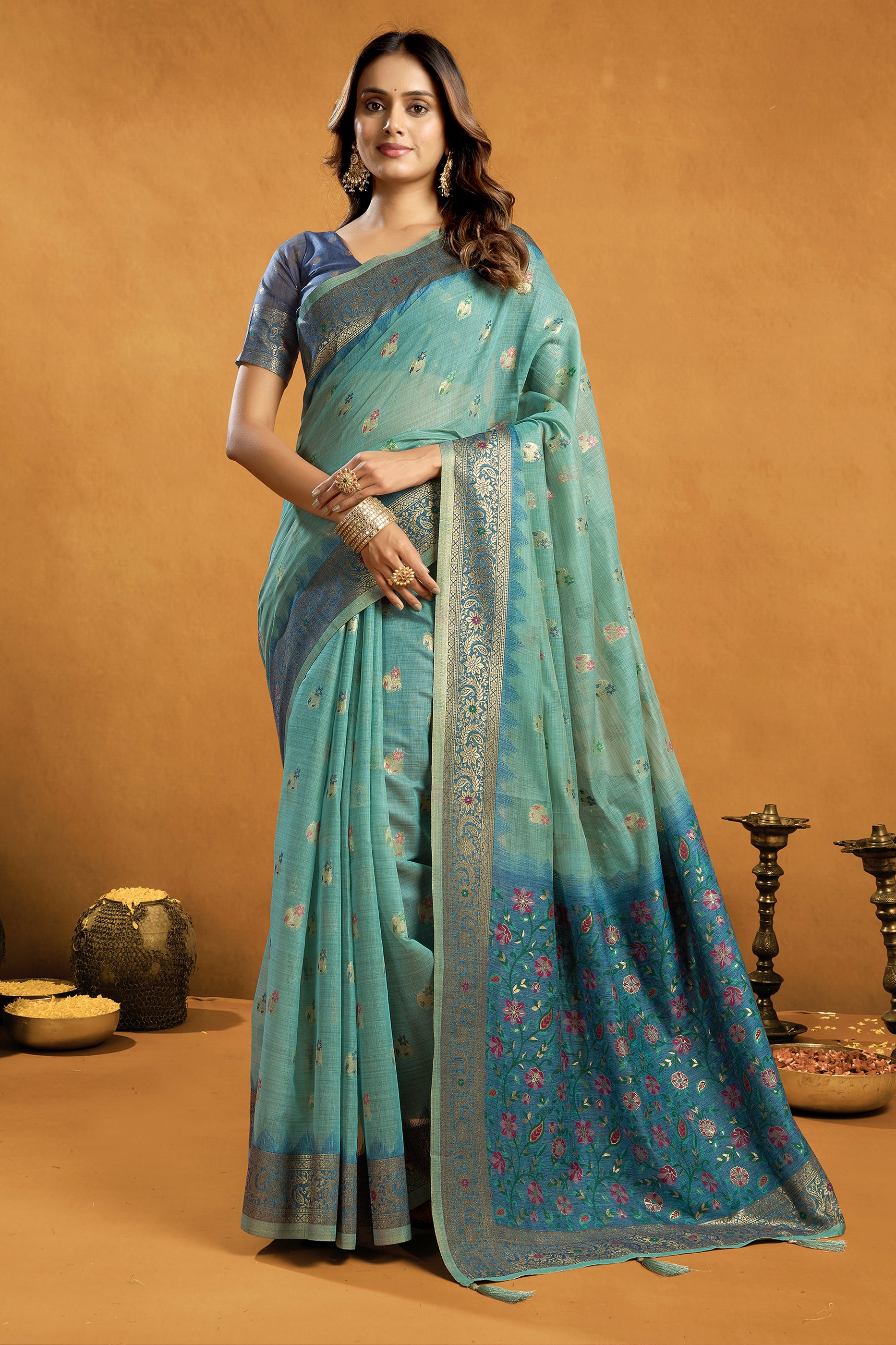 Blue Grey Woven Cotton Silk Saree-SAR12607_1_SareeButa.com