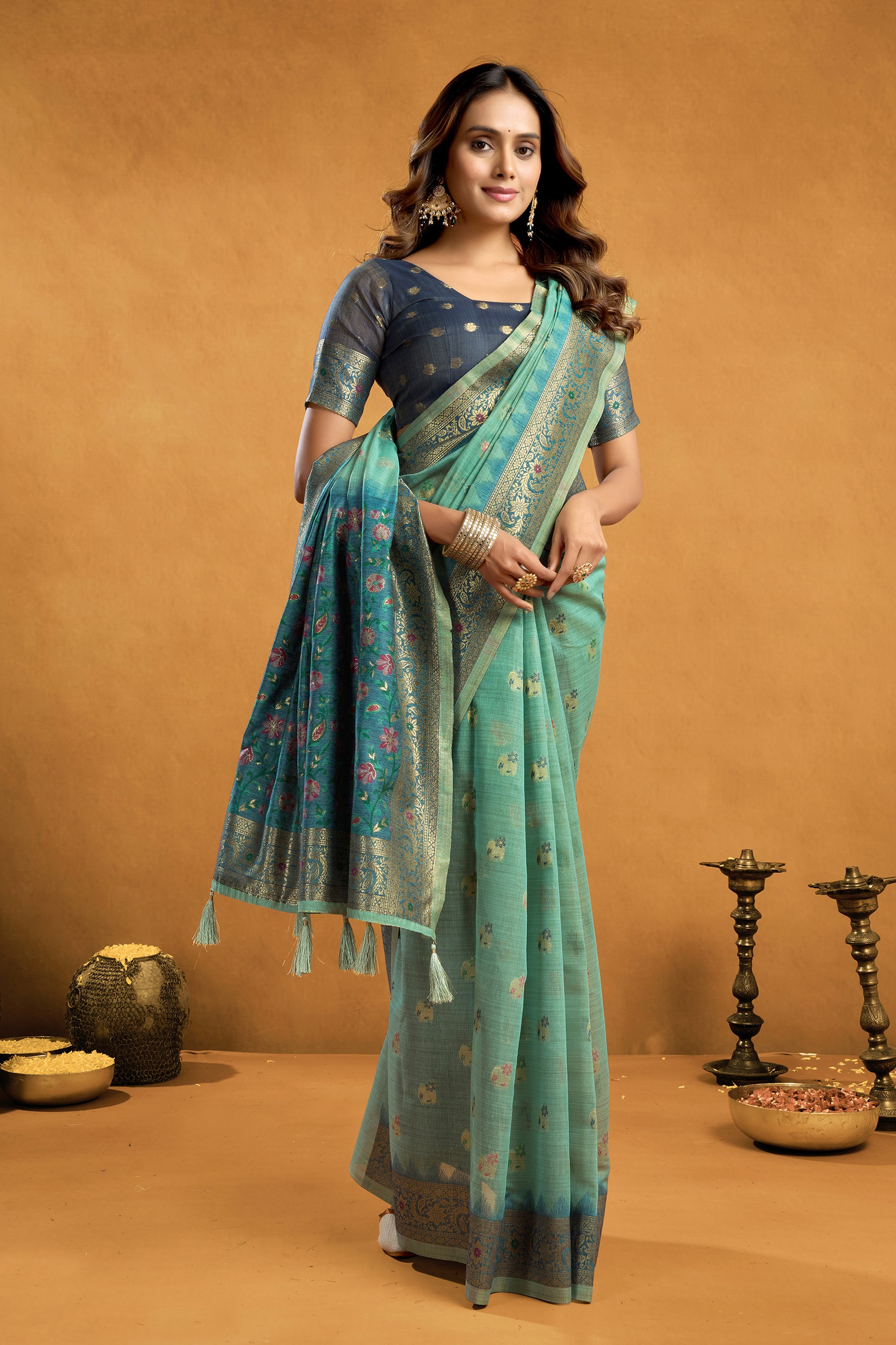 Blue Grey Woven Cotton Silk Saree-SAR12607_3_SareeButa.com