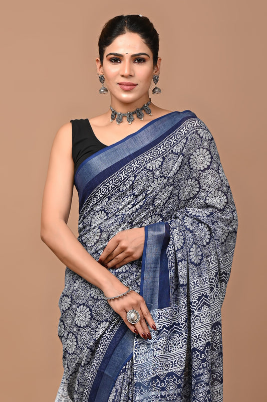 blue-handblock-print-cotton-linen-saree-zb132569_2_SareeButa.com