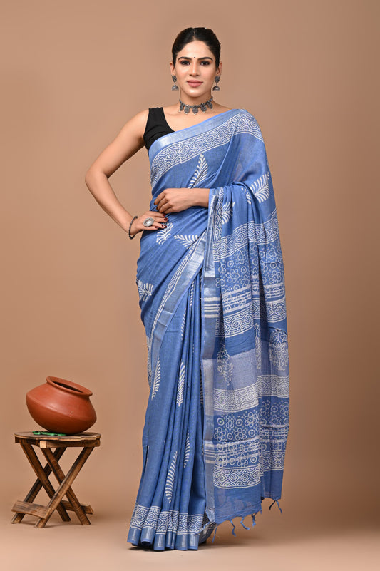 blue-handblock-print-cotton-linen-saree-zb132570_1_SareeButa.com