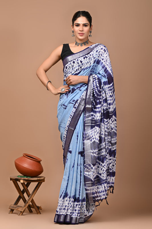 blue-handblock-print-cotton-linen-saree-zb132571_1_SareeButa.com