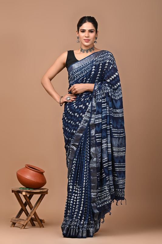 blue-handblock-print-cotton-linen-saree-zb132610_1_SareeButa.com