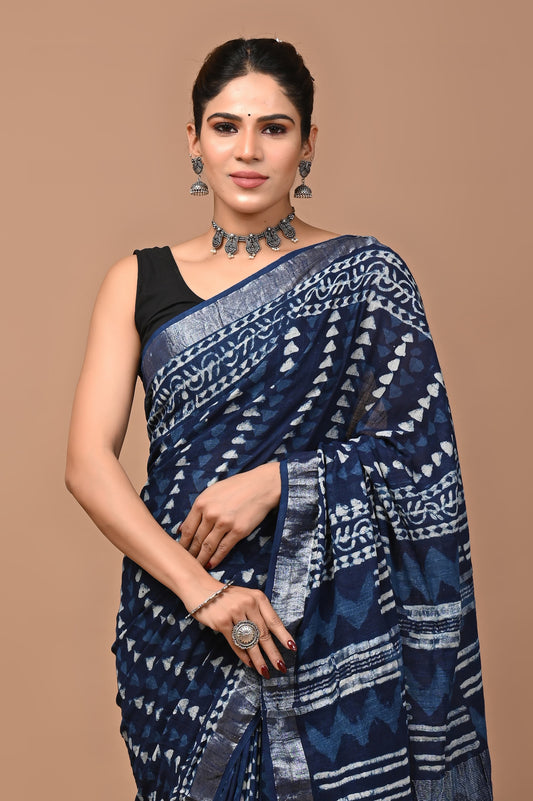 blue-handblock-print-cotton-linen-saree-zb132610_2_SareeButa.com
