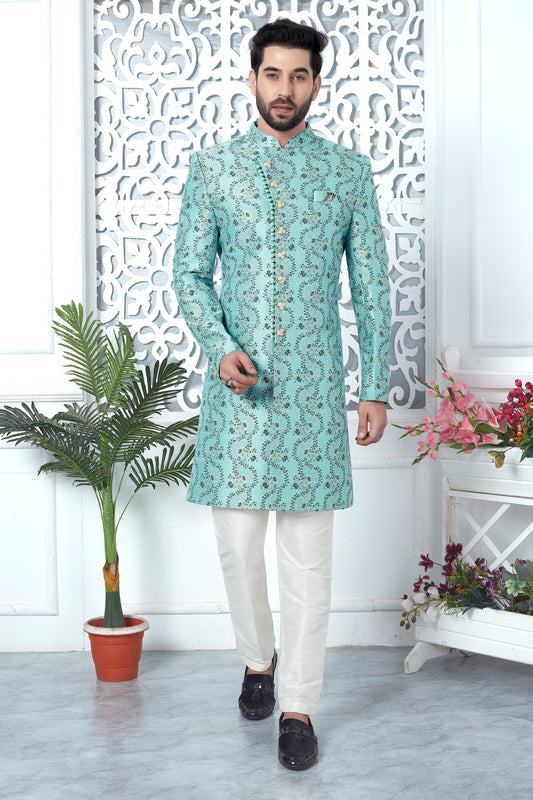 Blue Jacquard Silk Kurta Pajama-SAR11422_1_SareeButa.com