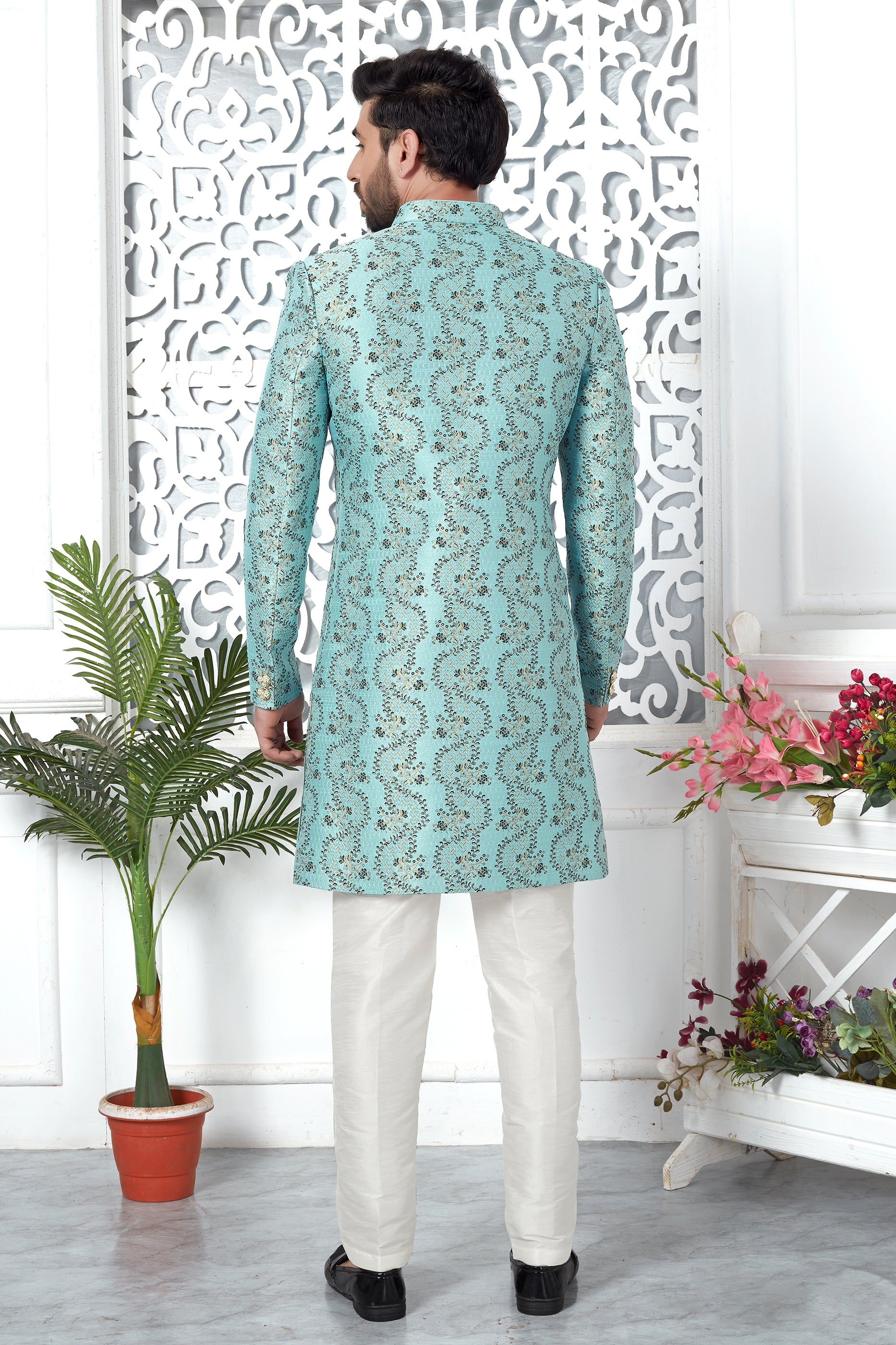 Blue Jacquard Silk Kurta Pajama-SAR11422_2_SareeButa.com