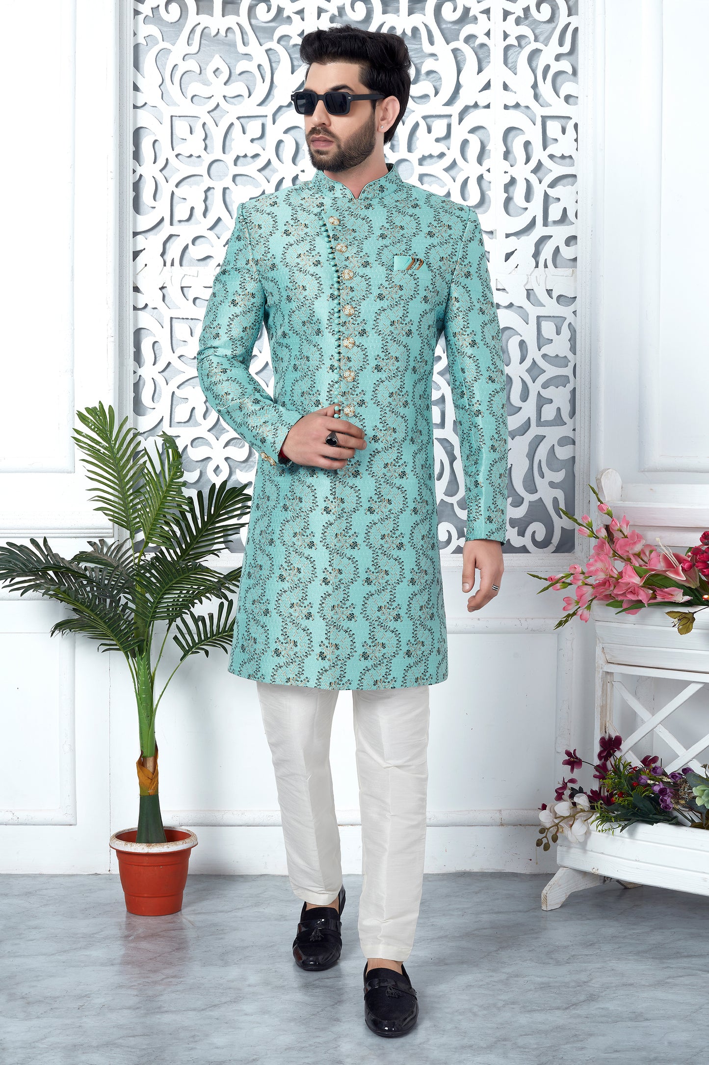 Blue Jacquard Silk Kurta Pajama-SAR11422_3_SareeButa.com