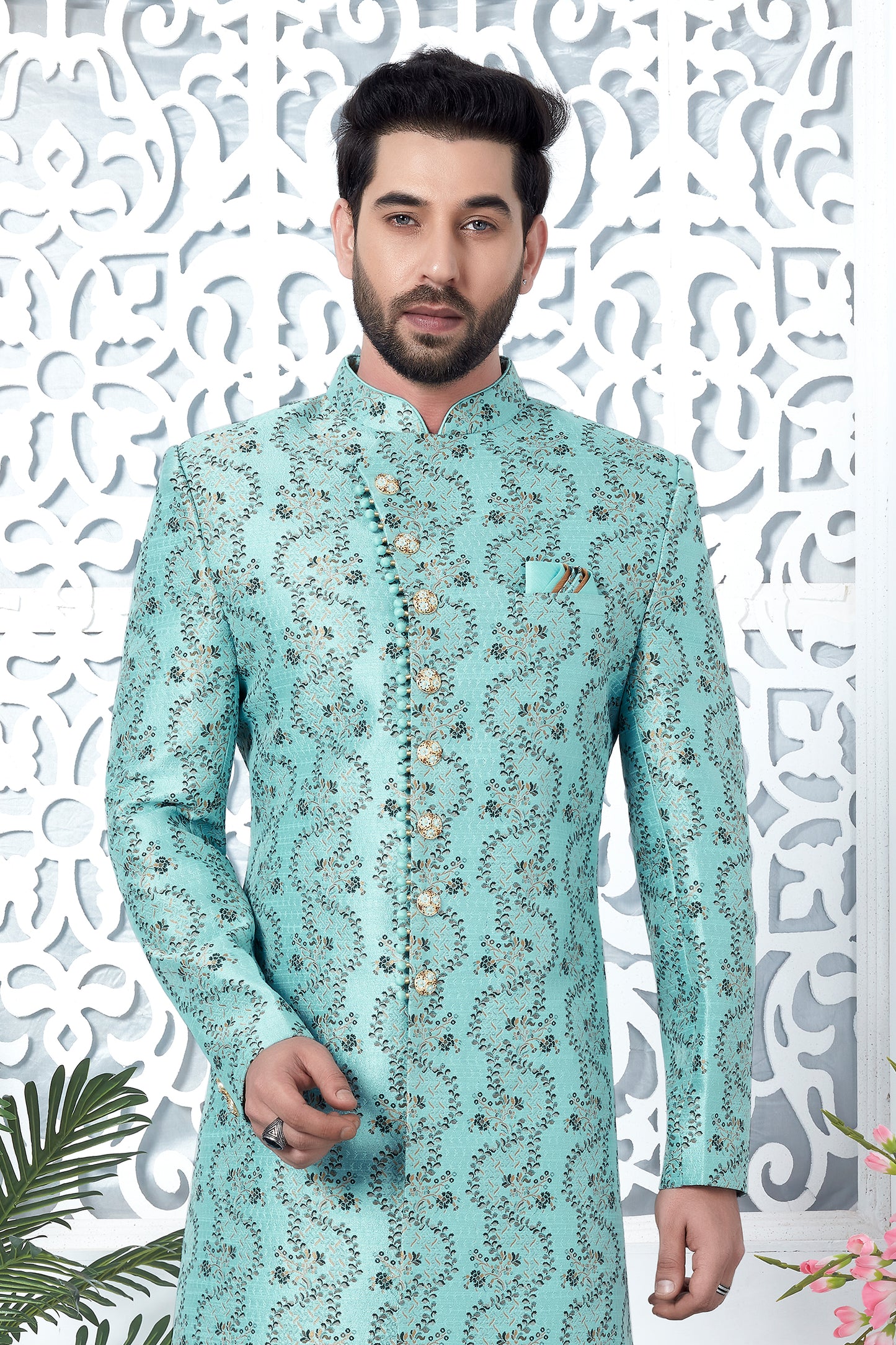 Blue Jacquard Silk Kurta Pajama-SAR11422_4_SareeButa.com