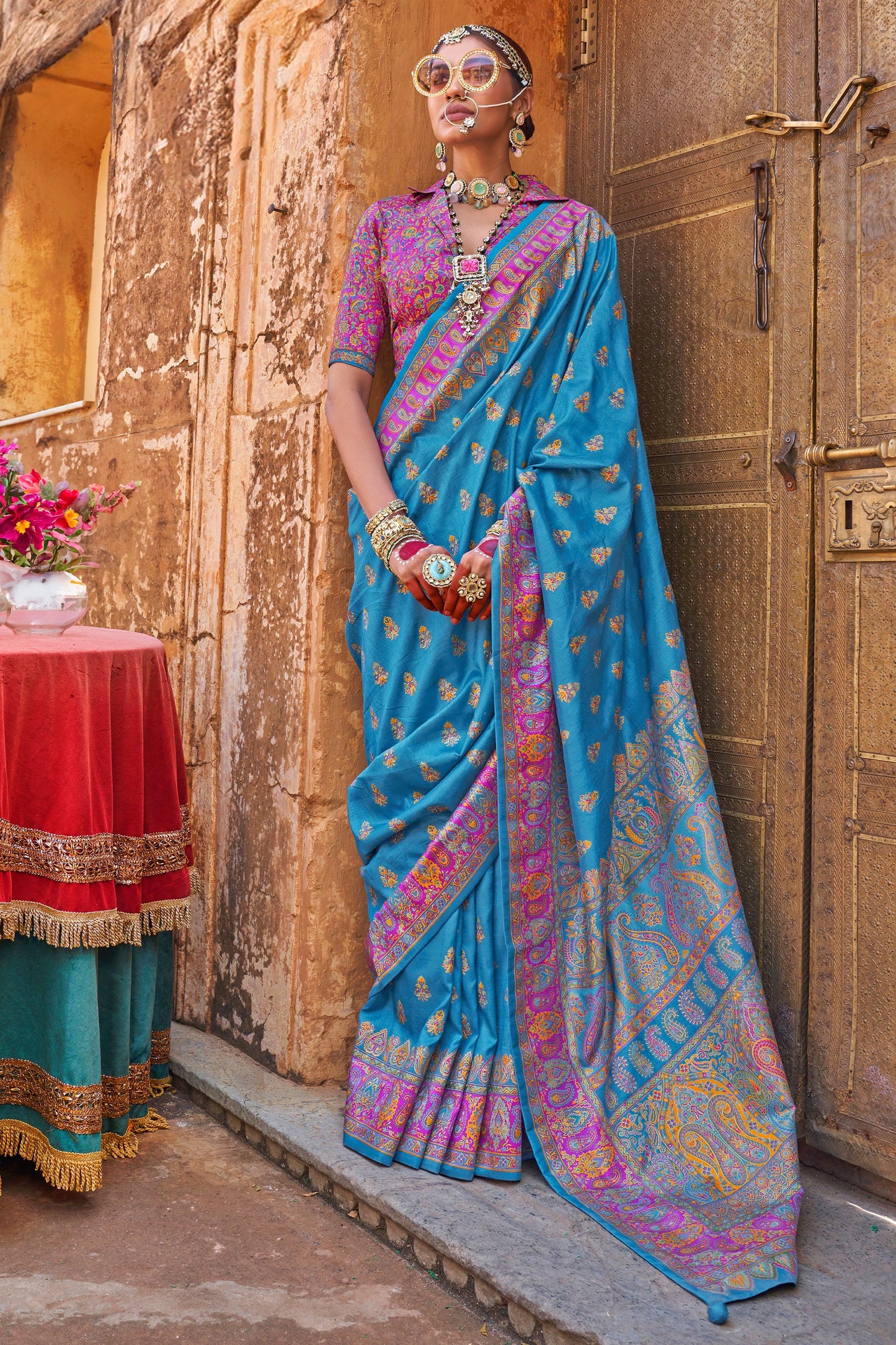 Blue Jamewar Print Viscose Silk Saree-SAR10093_1_SareeButa.com