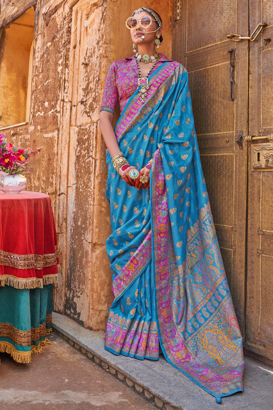 Blue Jamewar Print Viscose Silk Saree-SAR10093_1_SareeButa.com