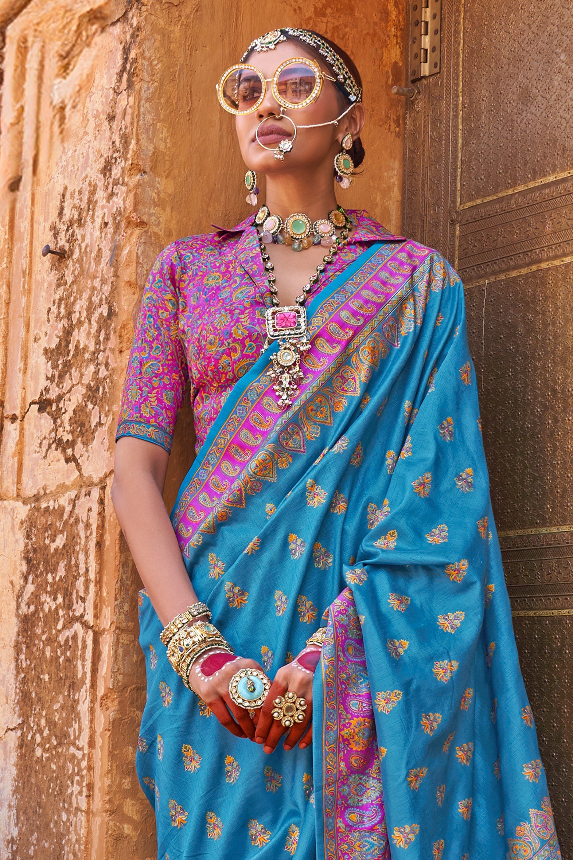 Blue Jamewar Print Viscose Silk Saree-SAR10093_3_SareeButa.com