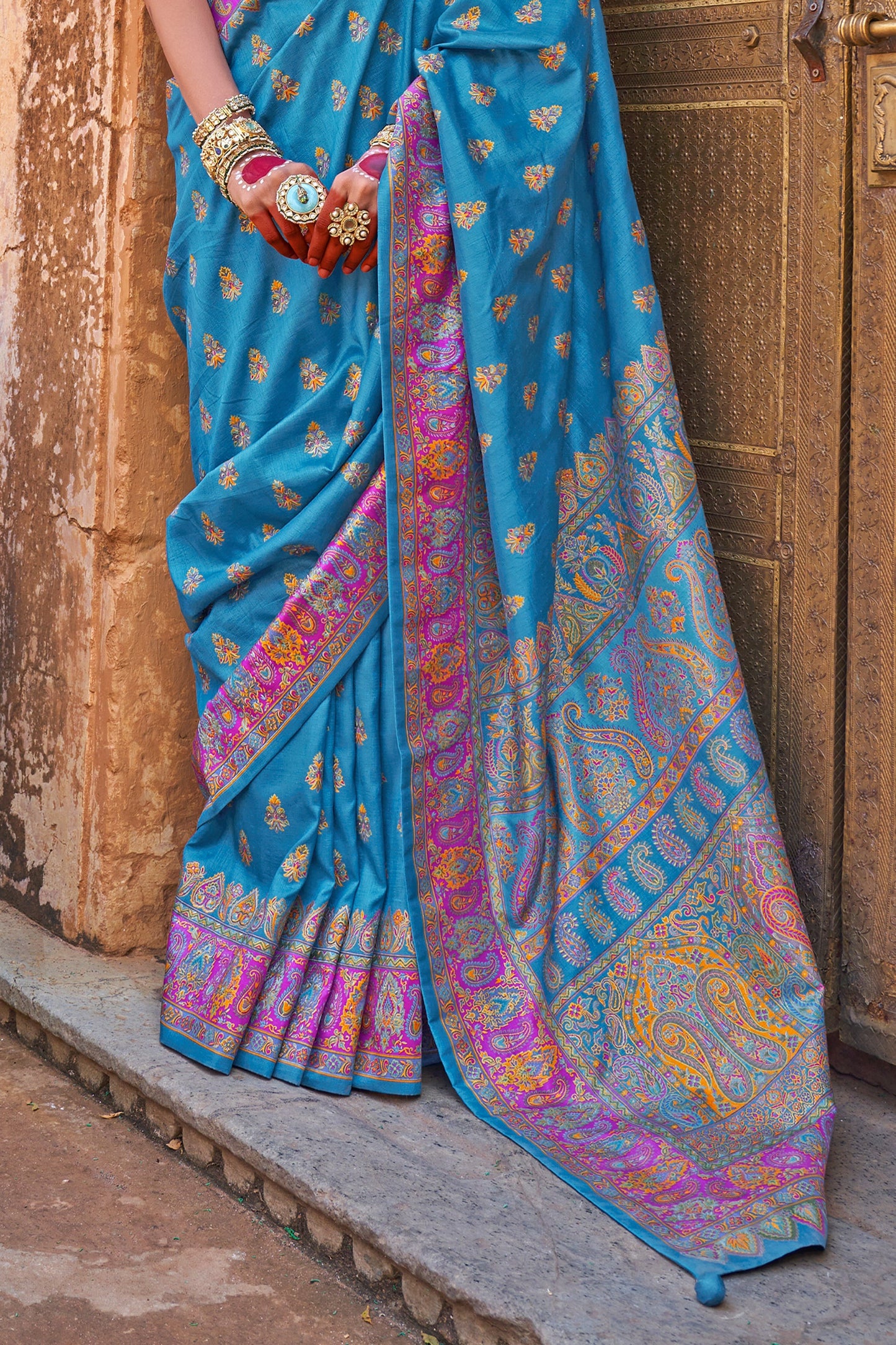 Blue Jamewar Print Viscose Silk Saree-SAR10093_4_SareeButa.com