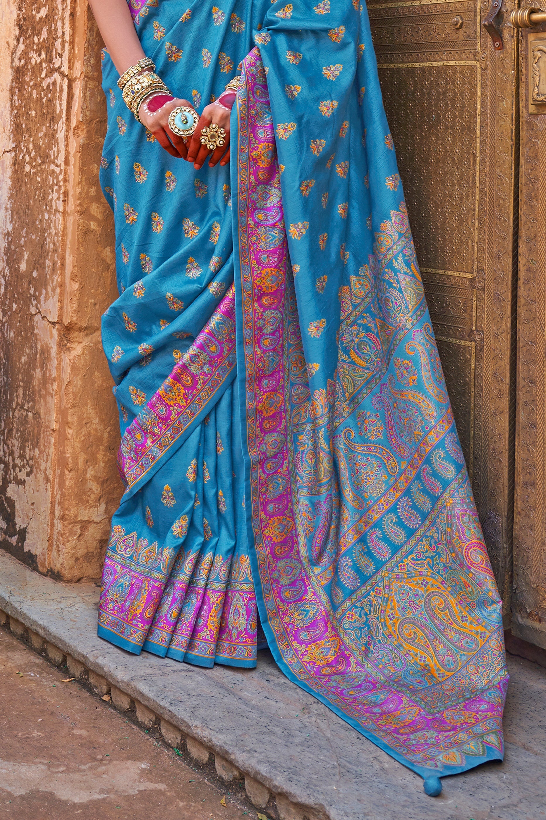 Blue Jamewar Print Viscose Silk Saree-SAR10093_4_SareeButa.com