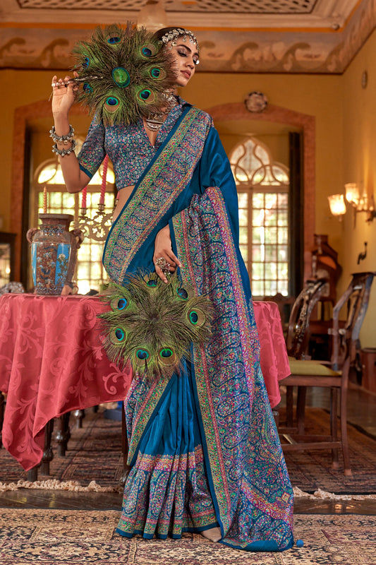 Blue Jamewar Printed Viscose Silk Saree-SAR10175_1_SareeButa.com