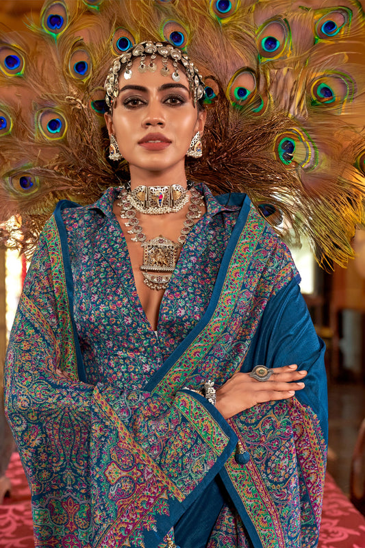 Blue Jamewar Printed Viscose Silk Saree-SAR10175_2_SareeButa.com