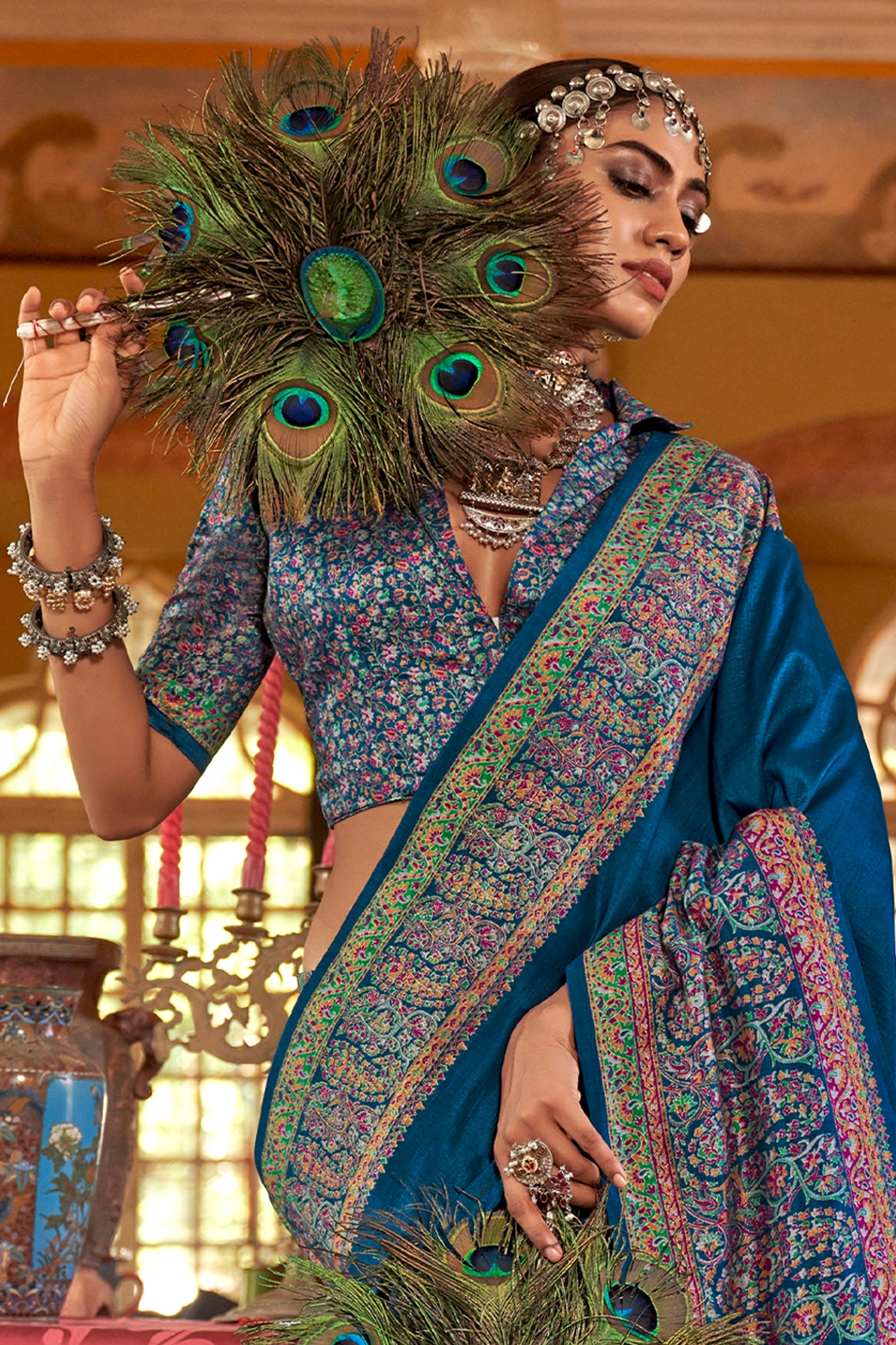 Blue Jamewar Printed Viscose Silk Saree-SAR10175_3_SareeButa.com